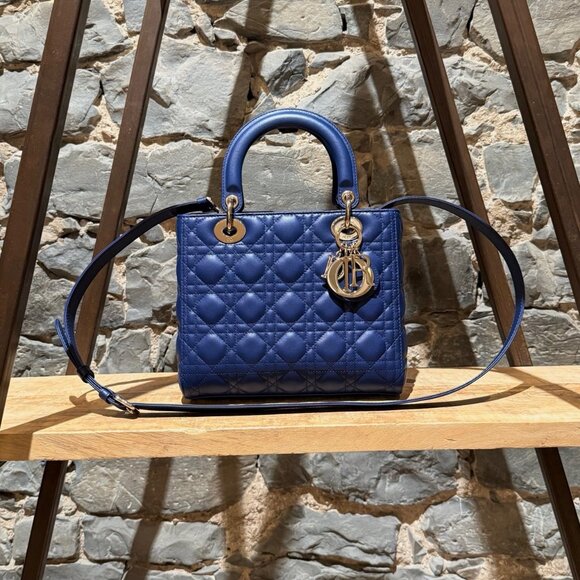 Dior 2022 Blue Lambskin Cannage Medium Lady Dior Handbag - Picture 1 of 16